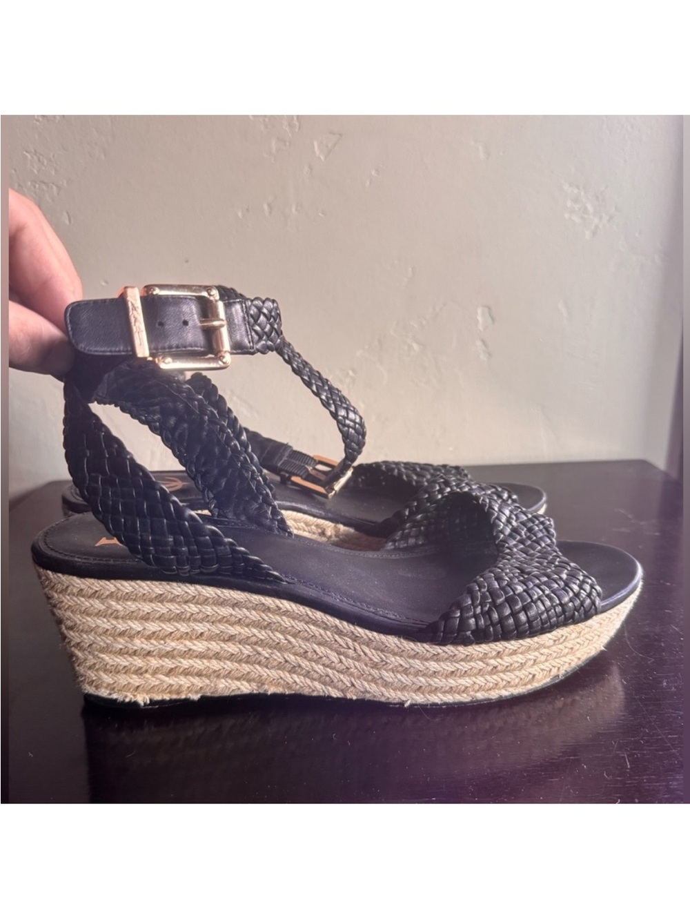 Vince Camuto Signature Black Leather Woven Platform Sandals Norma
